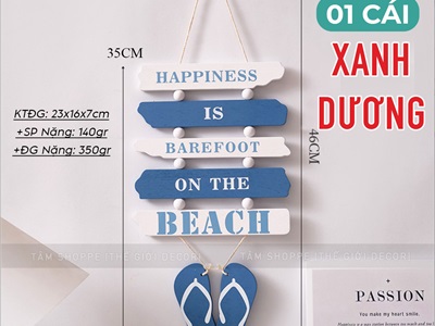 Dây treo đôi dép 5 thẻ gỗ Happiness chủ đề biển [2 màu - Dài 46cm] DTR-BIEN-13